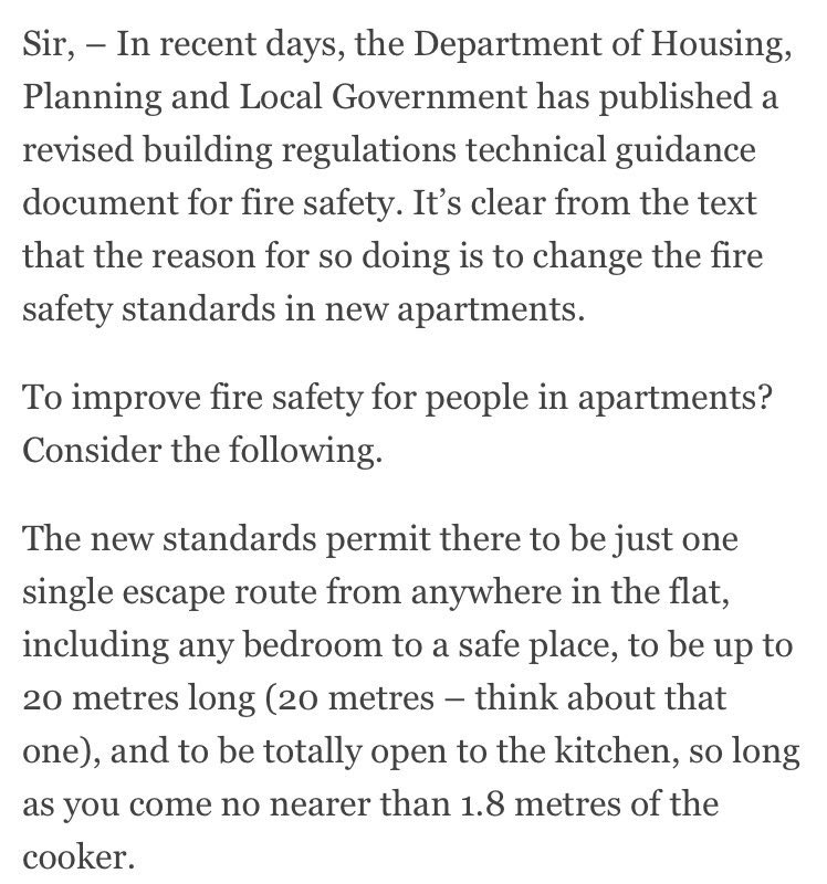 link to new regs 2020: TGD Part B  https://www.housing.gov.ie/housing/building-standards/tgd-part-b-fire-safety/technical-guidance-document-b-fire-safety-2006-0 link to Dept consultation 2019:  https://www.housing.gov.ie/housing/building-standards/tgd-part-b-fire-safety/public-consultation-additional-guidance-technical & finally letter to Irish Times by Eoin O’Cofaigh former RIAI President & author of book ‘The Building Regulations Explained’ /end