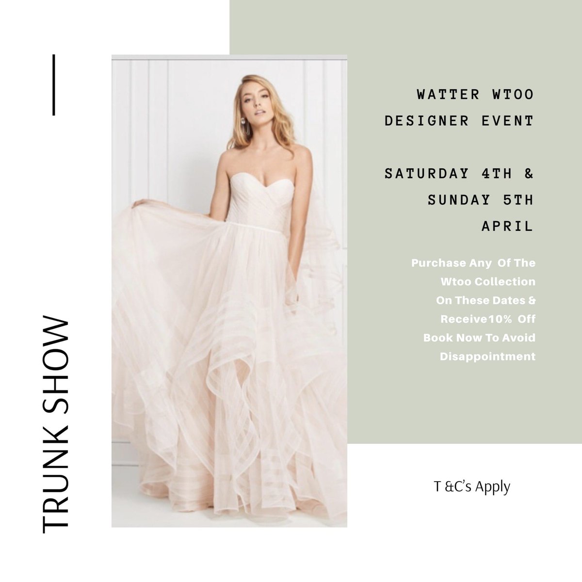 What is a Trunk Show?

Trunk Shows are fun, multi-day events hosted by our authorized retailers, giving brides-to-be the opportunity to get a glimpse of our newest styles .
NEED AN INSENSITIVE 
WE WILL BE GIVING 10%  OFF DRESSES ORDER ON THE DAY
Book a fitting appointment today!
