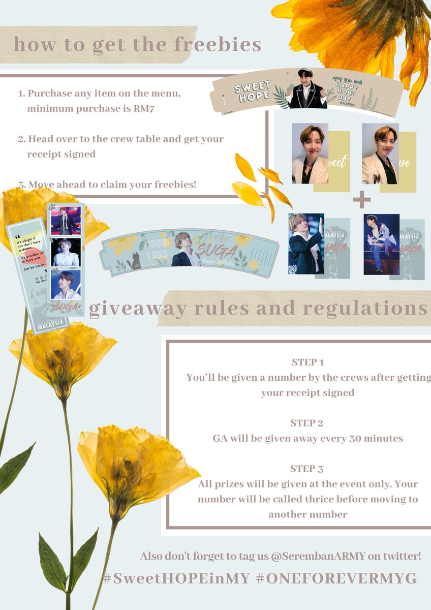 SerembanARMY's tweet photo. SEREMBAN ARMY!
Be sure to have save the date for our #SweetHOPEinMY and #ONEFOREVERMYG event this march!
Below are the freebies reveal and rules on how to get it at the event! Dont be shy to tweet or DM us if you have any questions okay? see you there! 💜 https://t.co/ZXd9cgH4fJ