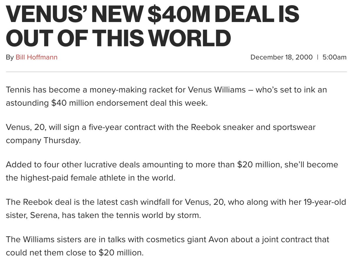This would lead to her signing a $40 million deal with Reebok, at that time, the largest ever for a female athlete.