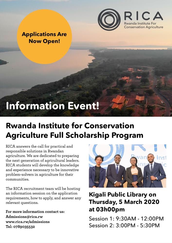 RICA_Rwanda's tweet image. Did you know that RICA gives all accepted students a full scholarship? Join us at the Kigali Public Library this Thursday, March 5th to learn more, or visit rica.rw/admissions! #agriculture #RwandAagri #Rwanda_Edu #highereducation #graduate