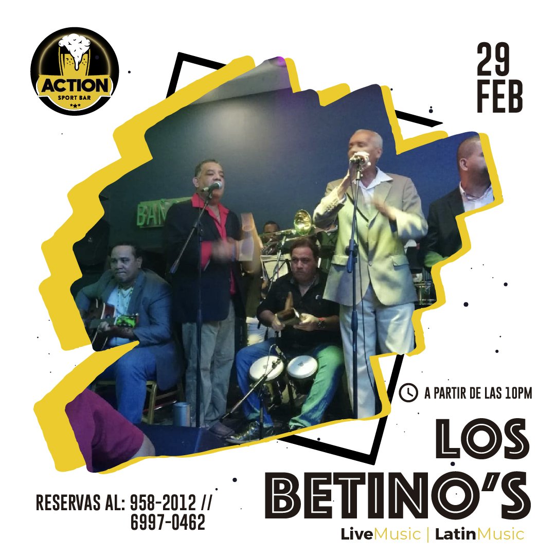 BarAction's tweet photo. Los Betino´s te pondrán a gozar este #SábadoAction a su mejor ritmo salsero. ¡Viva la Salsa! 💃🏻
.
.
#RoyalCasinoSantiago #ActionSportBar #AdondeVamosHoy #SantiagodeVeraguas https://t.co/McKvumArQZ