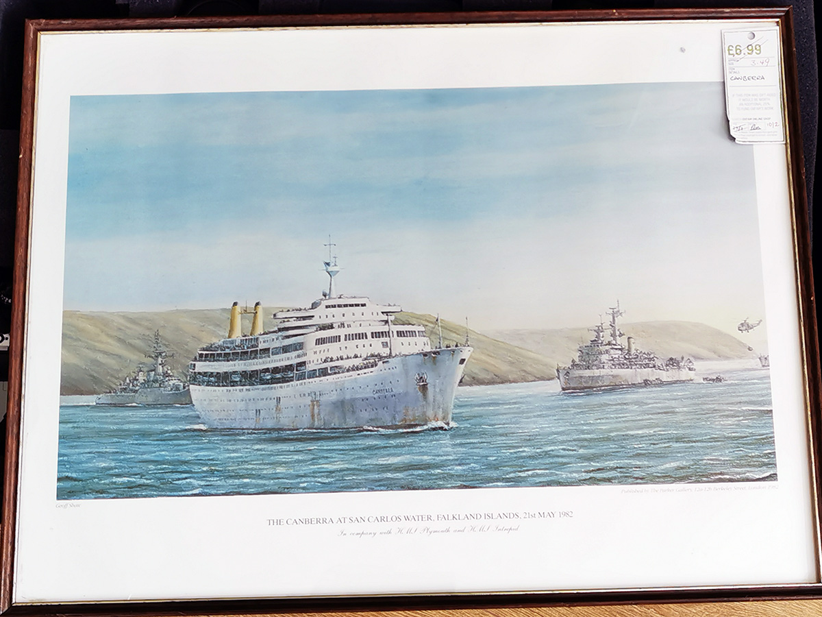 Charity shop bargain of the day - framed watercolour print of #ssCANBERRA At San Carlos Water, Falkland Islands 21st May 1982, with HMS Plymouth and HMS Intrepid. Bought for the princely sum of £3.49 (at Oxfam as well!). #shipsinpics