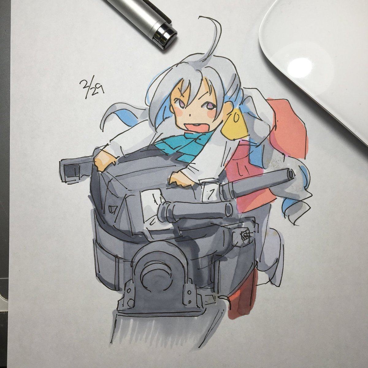 kiyoshimo (kancolle) 1girl ahoge grey hair traditional media long hair solo open mouth  illustration images