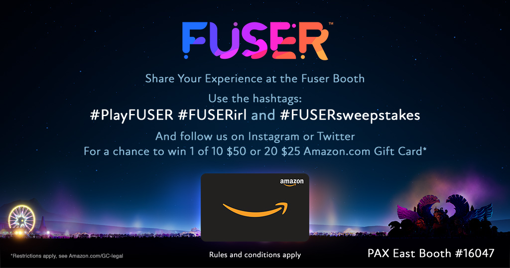 Swing by booth 16047 and #PlayFUSER for a chance to win a custom Fuser-inspired #NintendoSwitch! Then join the #FUSERSweepstakes at the #PlayFUSER booth for a chance to win epic prizes - don't forget to FOLLOW US to be eligible #FUSERirl #PAXEast2020