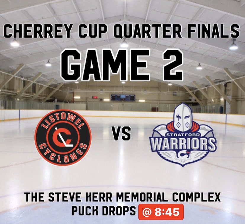 CycsNation's tweet photo. We’ll try this again...GAME DAY! Game 2 of The Cherrey Cup Quarter Finals against @StratWarriors goes tonight at the SKMC! Puck drops at 8:45! The Cycs lead the series 1-0! #GOCYCSGO 🌪 https://t.co/R4oSPPSHkk