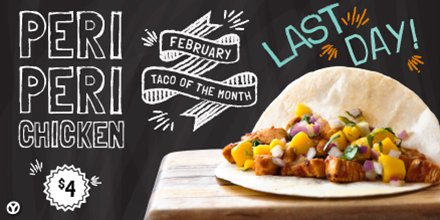 Craving summer yet? Today is the last day to get a taste of warmer weather (in a taco!). Hurry in to get our Peri-peri chicken taco and forget that it's winter outside.