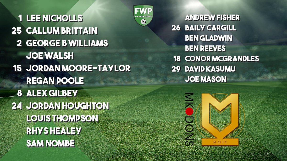 FWPMKDons's tweet photo. @FWPMKDONS: Nicholls Brittain Williams Walsh Moore-Taylor Poole Gilbey Houghton Thompson Healey Nombe; SUBS: Fisher Cargill Gladwin Reeves McGrandles Kasumu Mason https://t.co/0KBA7N1Con https://t.co/IVElGzgN66