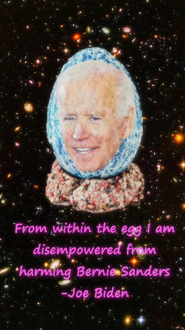 de__tre's tweet photo. It's Time to Contain Joe Biden in the Egg #SCprimary2020 #Bernie2020 #Orbpower https://t.co/2lu8P6ZqDh