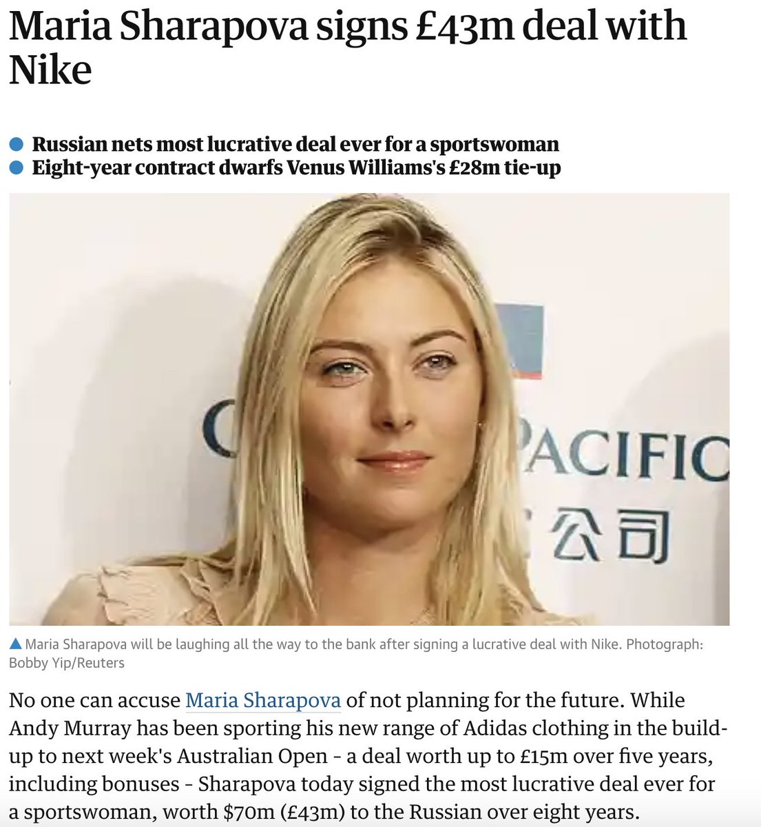 In early 2010, just before the Australian Open, Sharapova renewed her deal with Nike for an unprecedented $70 million, the largest deal ever for a female athlete, despite not winning a slam in two years. She was knocked out in the 1st round by another Russian Maria: Kirilenko.