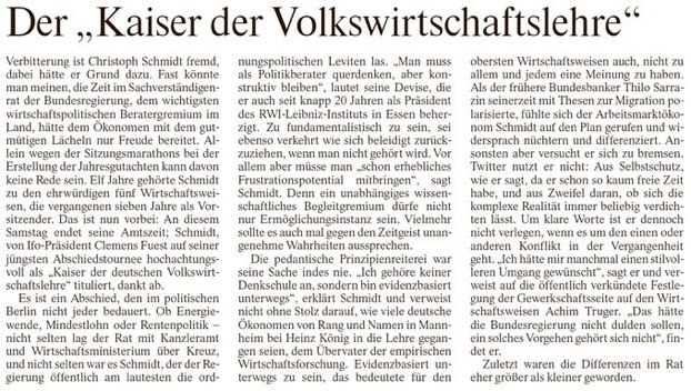 Der frühere <a href="/SVR_Wirtschaft/">Sachverständigenrat Wirtschaft</a> Vorsitzende Schmidt wünscht sich einen „stilvolleren“ Umgang, kritisiert gleich noch zum Abschied die Berufung seines Kollegen <a href="/AchimTruger/">Achim Truger</a> und lässt die damaligen, unsäglichen Tweets von <a href="/Lars_Feld/">Lars P Feld</a> unerwähnt.

Bin ich der einzige, dem das aufstößt?