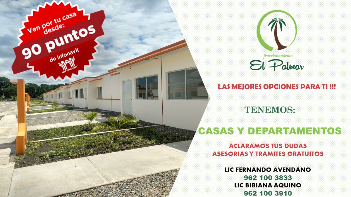 Apfera's tweet image. Desde 90 Puntos con #Infonavit puedes adquirir tu Casa Nueva en el #FraccElPalmar

Asesoría y Trámites Gratuitos

Contáctanos

962 100 3833 Lic Fernando Avendaño
962 100 3910 Lic Bibiana Aquino

#Tapachula #Chiapas