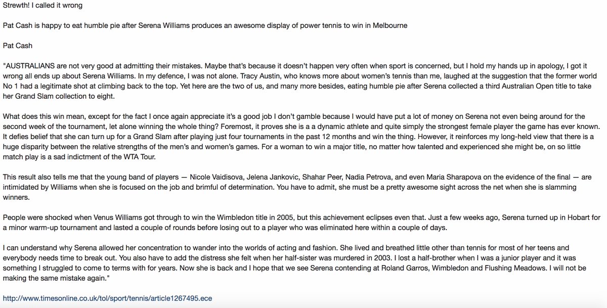 Gone were the days when Pat Cash would have to issue an apology for doubting Serena Williams. Gone were the days when Tracy Austin would need to delete and replace a naysaying article with one in praise of Serena. Serena was firmly at the top of the tennis ladder.