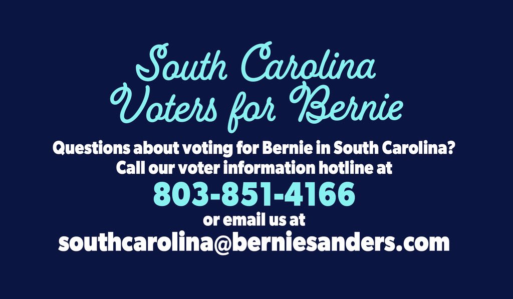 WoobieTuesday's tweet photo. Please share the #SCprimary2020 Voter Information Hotline number for reporting any polling place issues or questions:

#SCforBernie https://t.co/7nTUsqGIoM