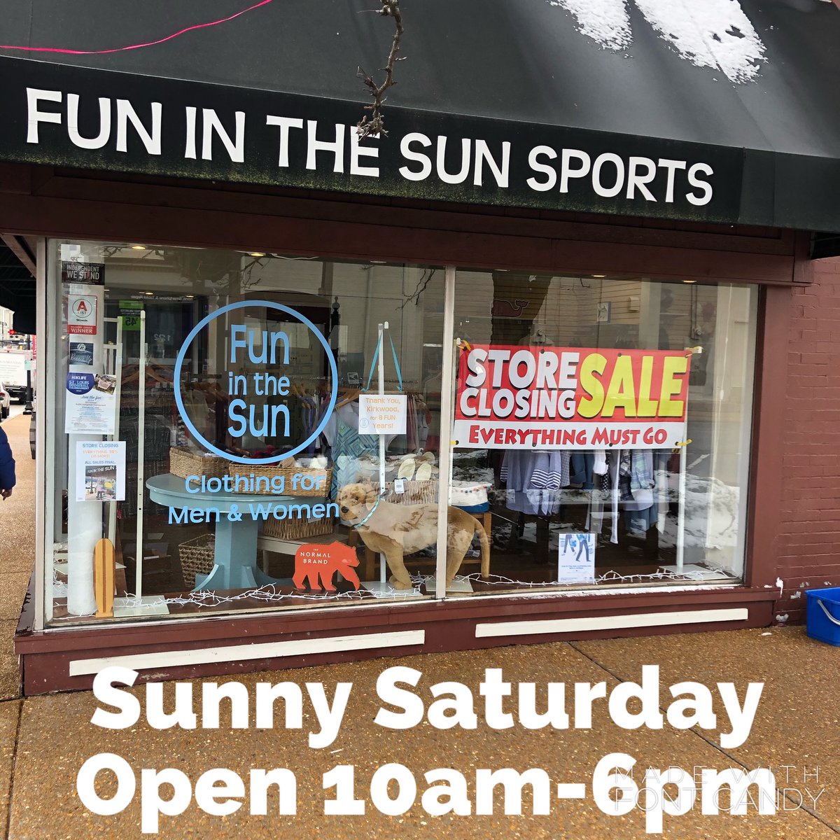 FunSunSports's tweet photo. Perfect day to find Fun Deals at our Store Closing SALE! ☀️ open 10am-6pm 🛍 EVERYTHING is 30% OFF or more! #storeclosing #clearance #shoplocal #funinthesun #downtownkirkwood https://t.co/4AxtjjkvSi