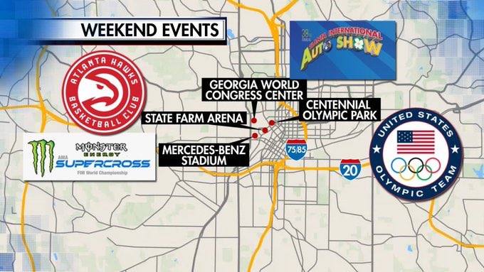 LindaWSB's tweet photo. MAP. Several streets will be closed for hours. Expect heavy delays later today: https://t.co/SVBRApCNuc @wsbtv. #AutoShowWSB https://t.co/Od3zYgEuOj