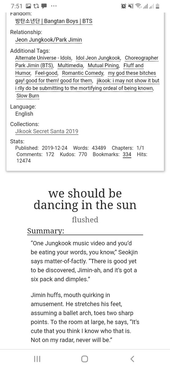 We should be dancing in the sun by flushedAnother god tier jikookJk is an idol, jm is a choreographerFeel good no angst!! https://archiveofourown.org/works/21936424#main