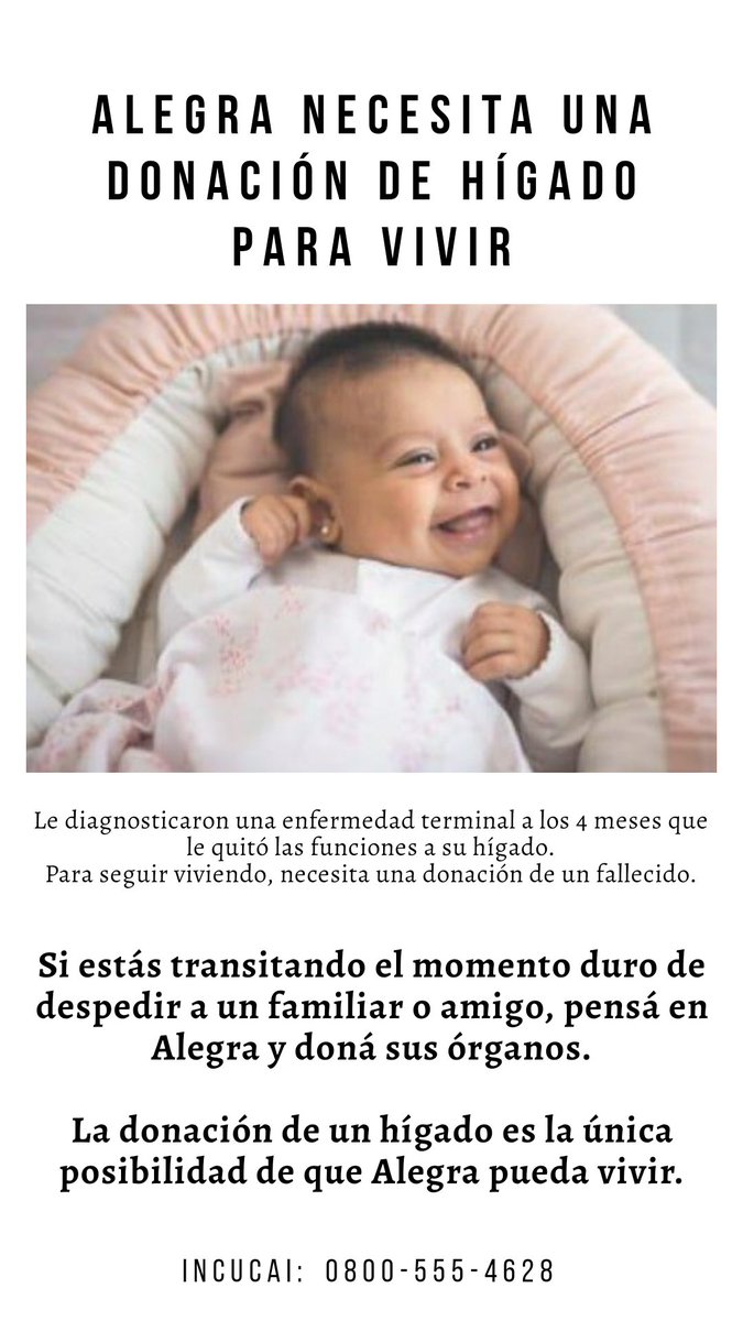 La donación de un hígado es la única posibilidad de que Alegra pueda vivir. ¡Por favor compartir! 
Donar órganos salva vidas. ♥️ <a href="/incucaioficial/">INCUCAI</a>