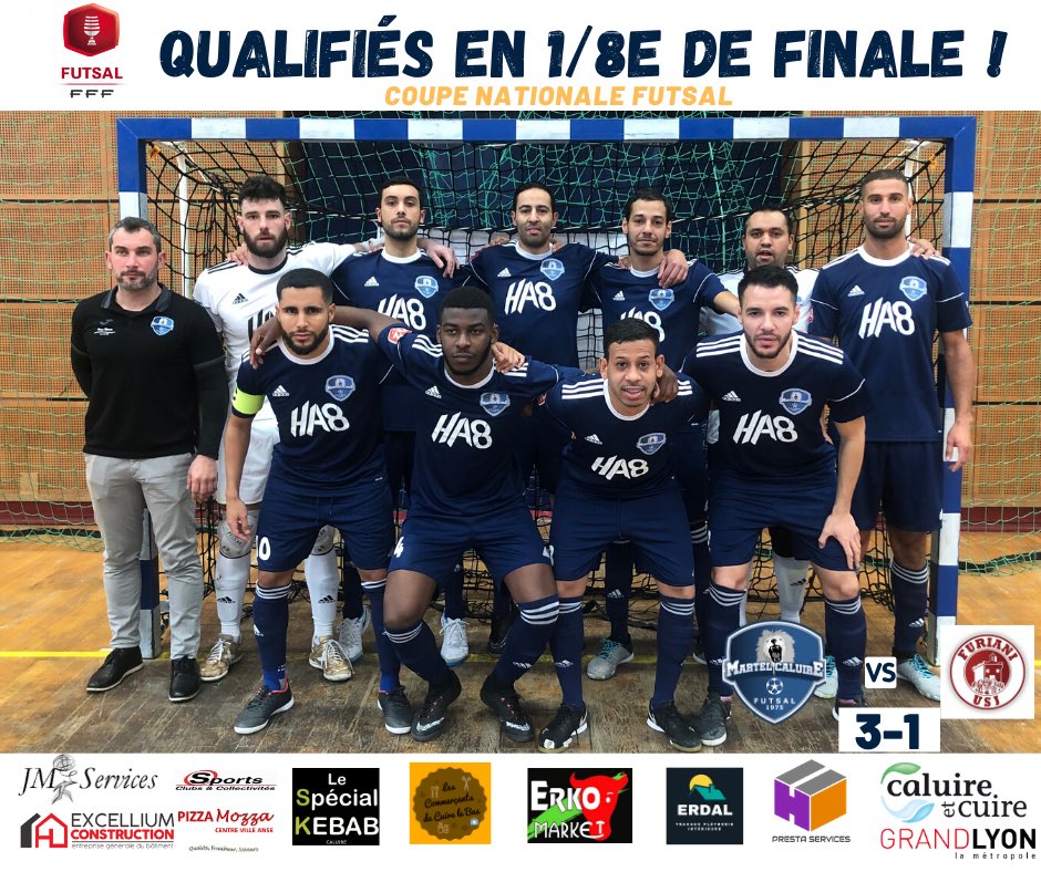 MartelFutsal's tweet photo. 🏆FLASH INFO SCORE COUPE DE FRANCE🏆

Opposée à l’ @USJFuriani notre équipe fanion s’impose en toute fin de match sur le score de 3-1! 💪🏻
.
🔥DIRECTION LES 1/8EMES! 🔥

Buteurs : 
Mohamed Bouras ⚽️⚽️
Adolpho⚽️
#COUPENATIONALEFUTSAL #MARTELCALUIRE https://t.co/bd6TnxzaCS