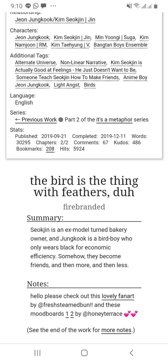 The bird is the thing with feathers, duh by firebrandedJINKOOK!!!!! Jin has trouble making friends and jk is mysterious.....or at least thats what jin thought. BAGUS BANGET  https://archiveofourown.org/works/20716706?view_full_work=true#main