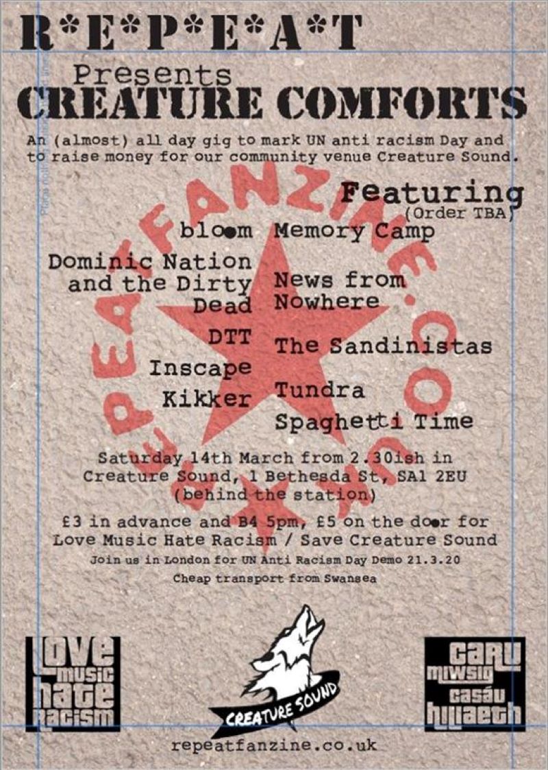 Richard REPEAT (@richardrepeat) on Twitter photo Tip top line up for all day gig at <a href="/CreatureSound/">Creature Sound</a> March 14th <a href="/InscapeUK/">Inscape</a> <a href="/nowherenewsfrom/">News From Nowhere</a> <a href="/thesandinistas/">The Sandinistas</a> <a href="/DominicDead/">Dominic Nation & The Dirty Dead</a> @TUNDRA__BAND <a href="/kikkersuck/">Kikker</a> <a href="/dtt_cool_band/">DTT</a> @wearebloomuk #MemoryCamp #SpaghettiTime #HiddenShackles #LionsPride. Advanced tickets £3 here tiny.cc/lqiokz Tip top line up for all day gig at <a href="/CreatureSound/">Creature Sound</a> March 14th <a href="/InscapeUK/">Inscape</a> <a href="/nowherenewsfrom/">News From Nowhere</a> <a href="/thesandinistas/">The Sandinistas</a> <a href="/DominicDead/">Dominic Nation & The Dirty Dead</a> @TUNDRA__BAND <a href="/kikkersuck/">Kikker</a> <a href="/dtt_cool_band/">DTT</a> @wearebloomuk #MemoryCamp #SpaghettiTime #HiddenShackles #LionsPride. Advanced tickets £3 here tiny.cc/lqiokz