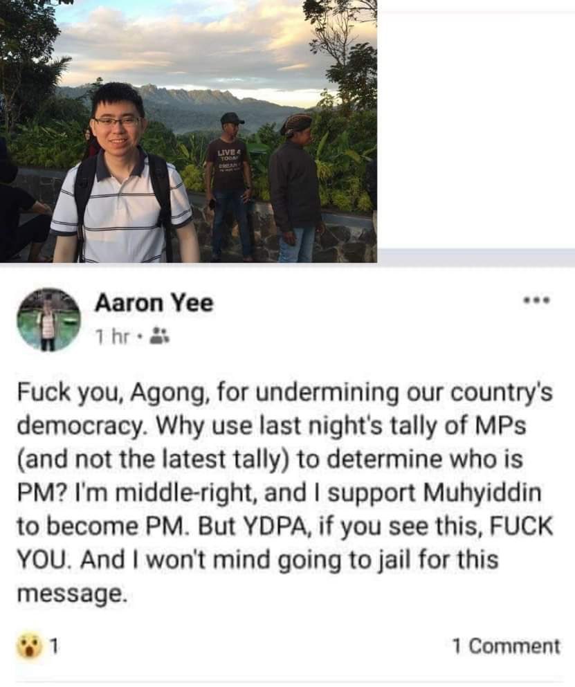 Sir_Azri's tweet photo. Mohon siasatan lanjut dari @PDRMsia ke atas akaun FB penama Aaron Yee. Ini kenyataan yang biadap dan kurang ajar pada YDP Agong. Mohon tindakan segera @McmcReact https://t.co/83uLPMUjUt