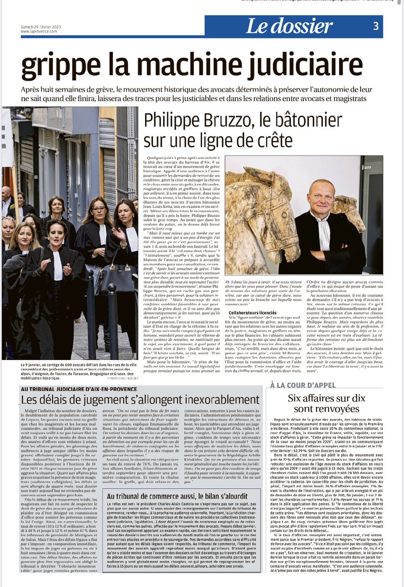 À défaut d’intéresser le Gouvernement, la « grippe judiciaire » fait au moins la Une de la Provence...

Continuons notre mobilisation et retrouvons-nous à l’Assemblée Générale des Colonnes lundi 11h à Maliverny !

Venez nombreux !

<a href="/UjaAix/">UJA Aix-en-Provence</a> <a href="/fnuja/">Fédération Nationale des Unions de Jeunes Avocats</a> <a href="/CNBarreaux/">Conseil national des barreaux - les avocats</a> <a href="/aixmaville/">Aix-en-Provence</a>