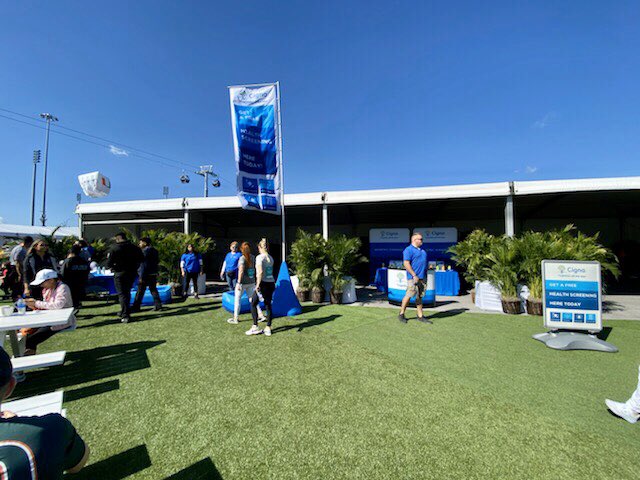 Cigna's tweet photo. We’re so excited to be here at the @MiamiDolphins Cancer Challenge this weekend. Cigna's #GoKnowTakeControlTour is here helping attendees get free health screenings and learn their four health numbers. Please stop by and see us! #CignaFL https://t.co/0BhlCAPq4d
