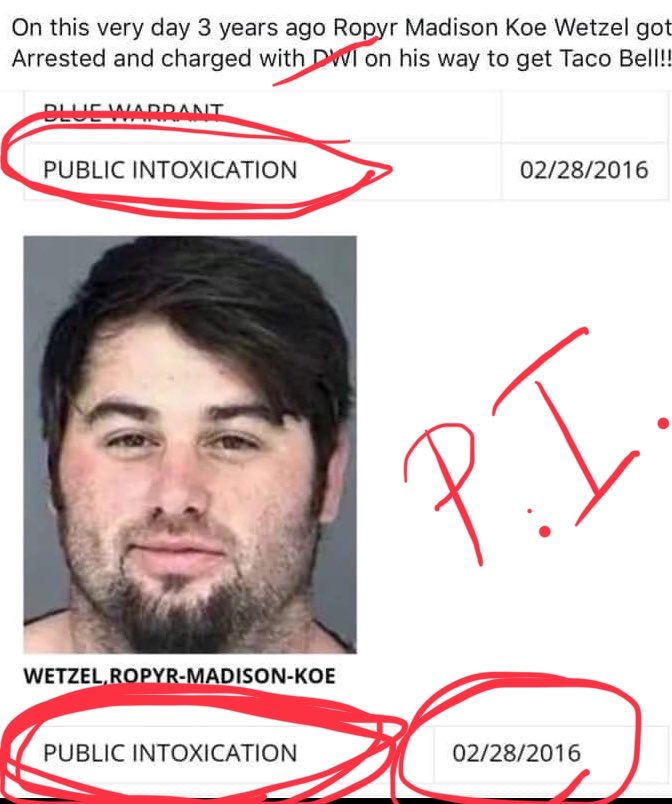 MawSteen's tweet photo. Well actually it was a PI (public intoxication)...not DWI (driving while intoxicated)...its all public records so you can totally verify for yourself? This was actually a rumor started by an angry @tacobell employee @kierstanporter 🤷🏻‍♀️🌮 @KoeWetzel is GREATNESS 🤘🏼 https://t.co/pOYBh7YTqB