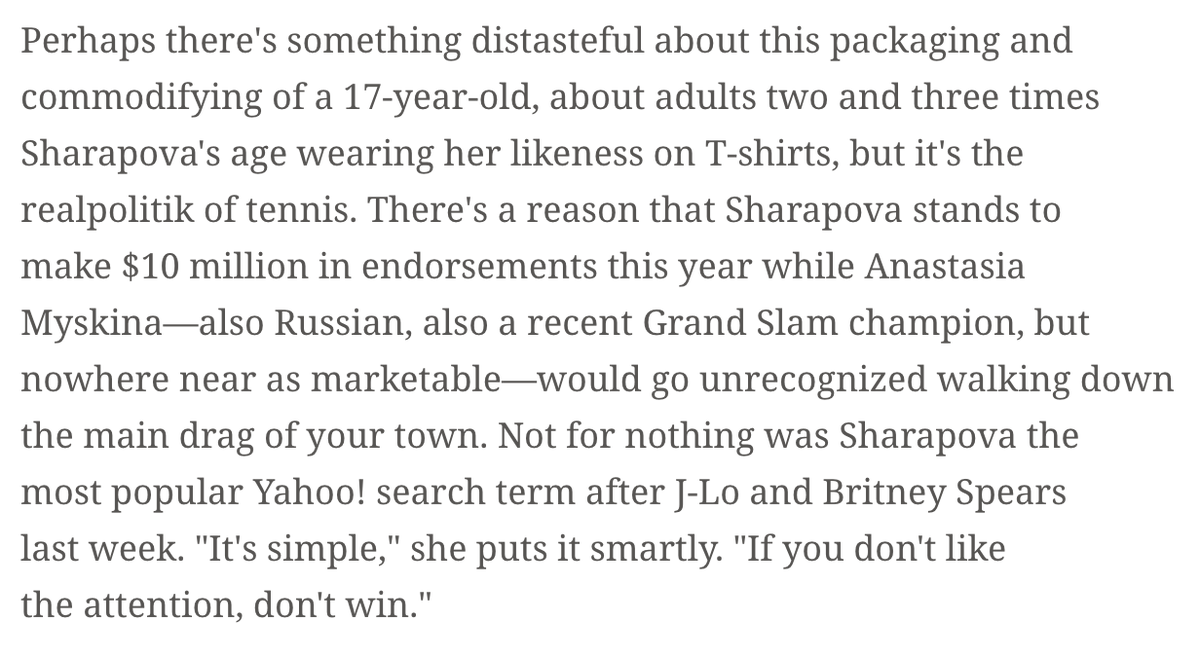 This win would catapult Sharapova into mainstream consciousness and a rise in popularity known as "Maria Mania". She would score multiple endorsement deals with Tag Heuer, Canon, Land Rover, and Motorola.