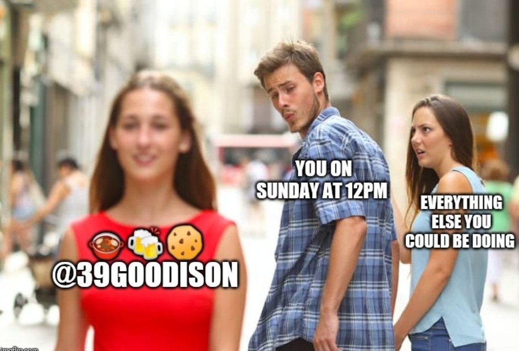 39Goodison's tweet photo. Fed up of the rain ☔  and wind 💨!?

Like Scouse 🍲, Beer 🍻 or Biscuits🍪!? Or, even better... All three!?

Then why not head to @39Goodison
Sunday at 🕛.

Which regular will be missing with a lame excuse this week!? 🤔
#wheresgwenstefani? 

COYB
UTFT https://t.co/65jdjKglTF