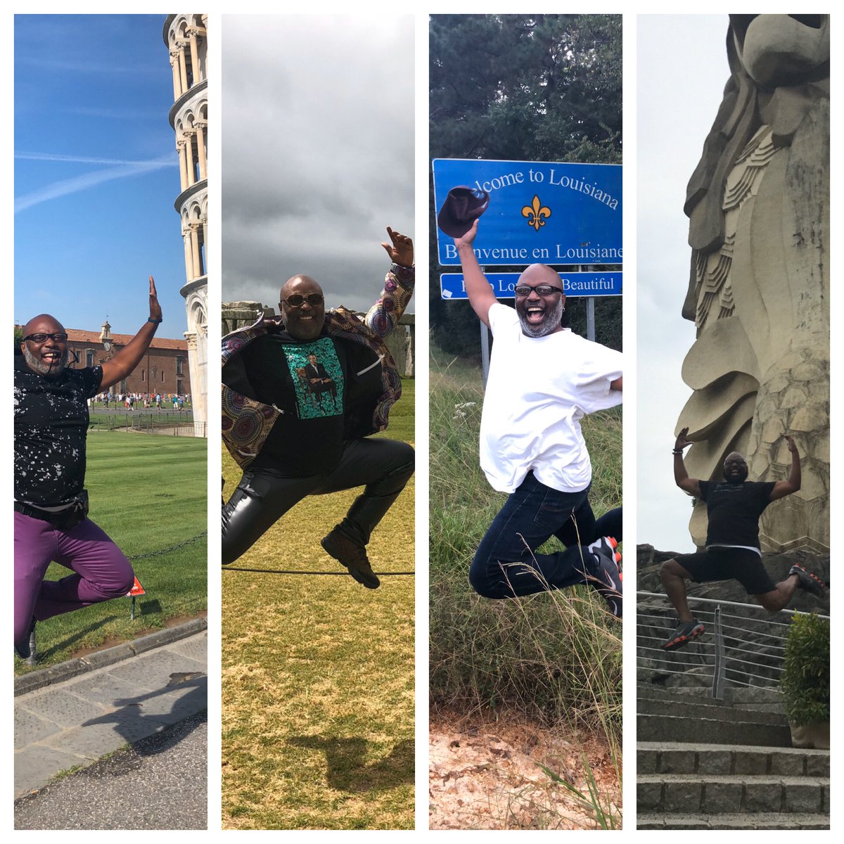 docmosho's tweet photo. Recognizing this most auspicious day with leaps from around the world.  Jumping in Pisa (Italy), Stonehenge (UK), the state line (Louisiana) and the Merlion (Singapore).  #leap #leapyear #blackboyjoy #worldtraveler #jetsetter #everyfouryears #LeapDay https://t.co/K0qgv0yubt