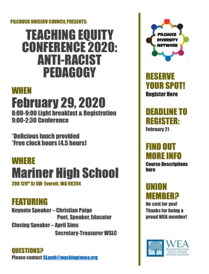 Teaching Equity Conference - Anti-Racist Pedagogy- #PilchuckDiversityNetwork 

Keynote, Christian Paige talking about #SpicySelfcare right now. 

#WEACaucuses #WAEdu #WEA #Equity #AntiRacism