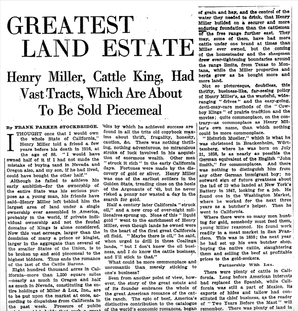 Let me trace it for you: The Bowles Family is old San Francisco royalty tracing its lineage in part to Henry Miller, a land baron and at one time the largest land owner in California.