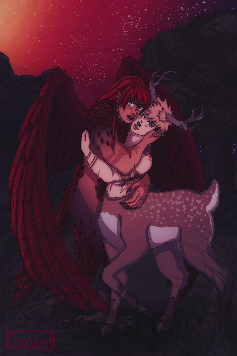 MaraVanH's tweet photo. Here's my piece for the Something Wicked Zine!
I hope you'll all enjoy this harpy Kiri with his cervitaur Bakugou ✨
Thank you again @KrbkZine for having me ❤️ https://t.co/YPTZnpDvmz