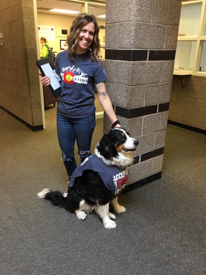 WebberMS's tweet photo. Ms. Galbavy &amp; Willow showing their support of all students in their awesome #inclusion t-shirts #servicedogwillow #thewebberway #PSDproud https://t.co/z13trB4xGq