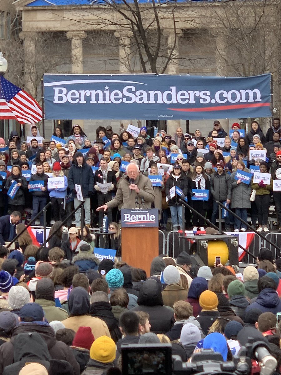 NickMcCoolNews's tweet photo. Democratic presidential frontrunner @BernieSanders is on stage in the Boston Common addressing thousands of supporters. @butv10 #primaryfocus https://t.co/cAkVGb7kar