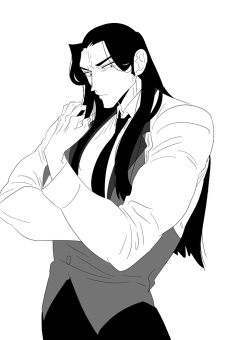 #窓メ
筋肉長髪男描きたくなってキャラデザ。
ムキムキ執事さん。髪型はご主人様の趣味。 