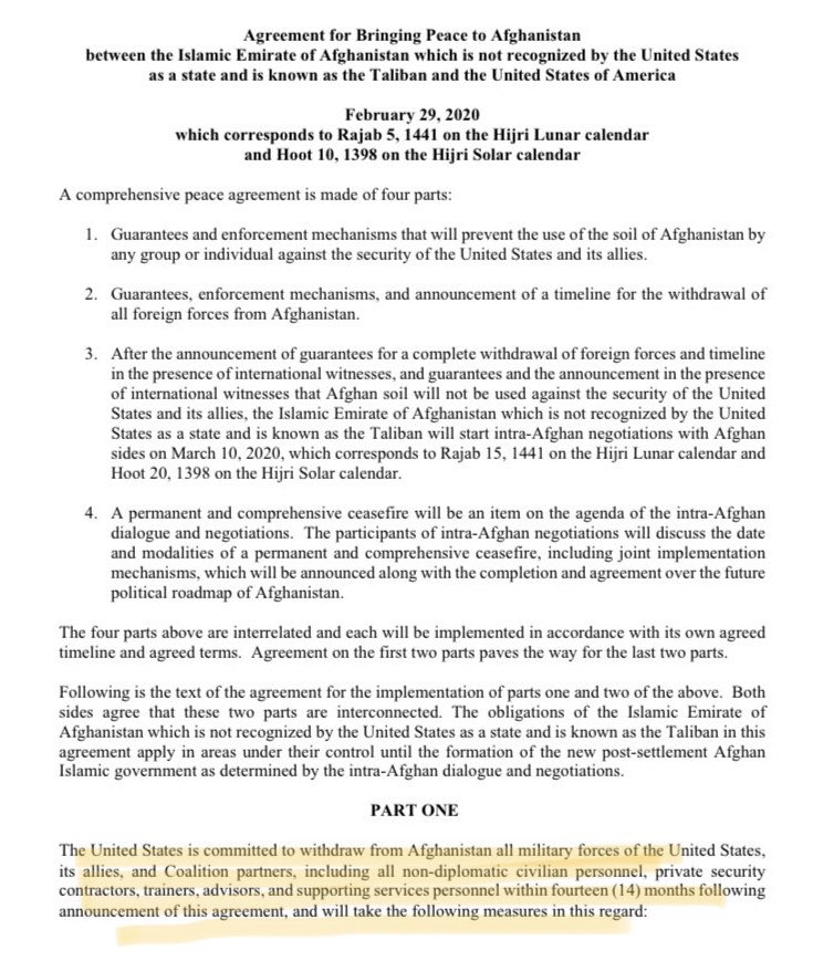 The withdrawal provisions in this Afghanistan agreement seem far more comprehensive than advertised. It’s a TOTAL withdrawal of ALL American and NATO forces within 14 months. That would likely produce a gradual collapse of the state, civil war, and the Taliban back in Kabul.