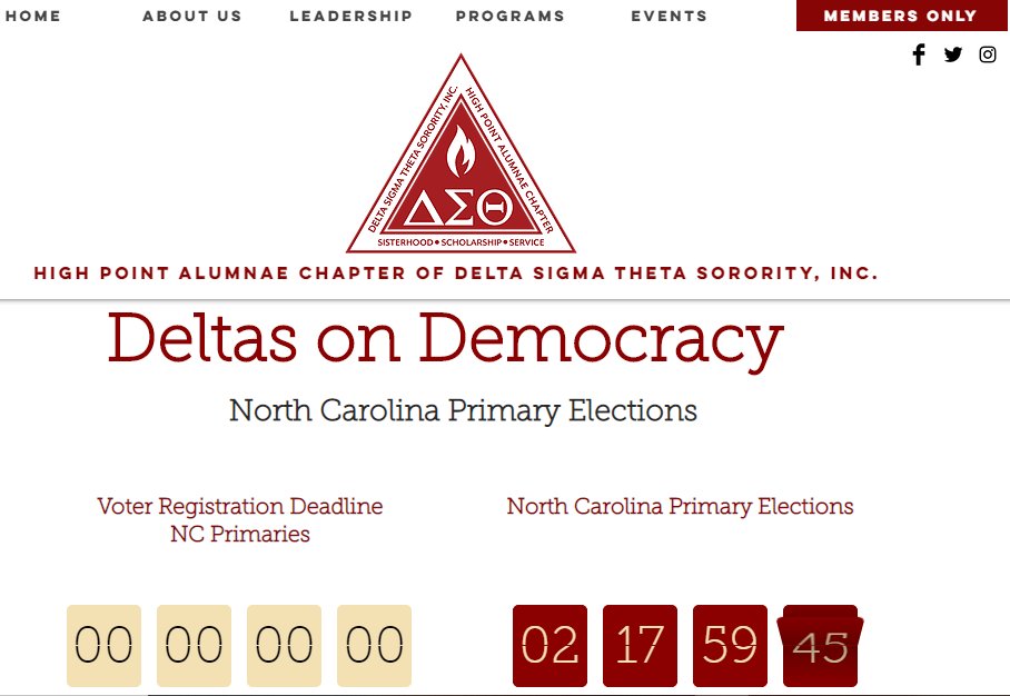 The clock is ticking! Are you ready? Don't just vote, but be an educated voter! Check out hpalumnae.com , highpointnc.gov/1236/Voter-Inf…, and ncsbe.gov/index.html to find out more information about Tuesday's upcoming election. #powerinourvoice #getoutthevote