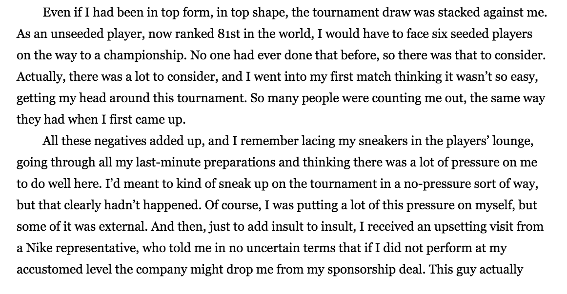 When she arrived in Melbourne, Serena was #81 in the world and unseeded, facing an extremely tough draw. Out of shape and lacking match play, she was in a difficult position, worsened when a Nike rep told her under no uncertain terms that she must do well to keep her contract.