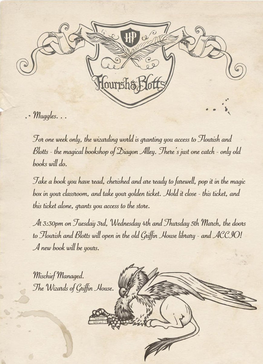 GriffinHouseSch's tweet photo. Each child has been sent a scroll containing an exciting letter from Flourish & Blotts! Look out for yours...... #GHSBookWeek #GHSCoreValues https://t.co/xcTJ4o1DV8