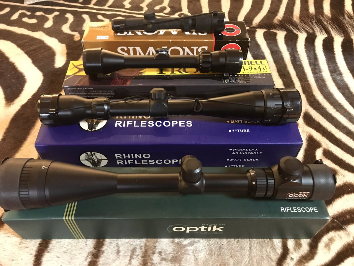 We have a selection of second hand scopes for sale.  QAll are in excellent condition.  
Richer optic. 6-24 x 50 AOE.  £60
Rhino 4-16 x 40 AO.   £50
Bushnell Trophy 3-9x 40. £50

Simmons Whitetail classic 3.5-10 x 40 inc mounts.  £75

Simmons Whitetail classic. 1.5-5 x 20.  £75