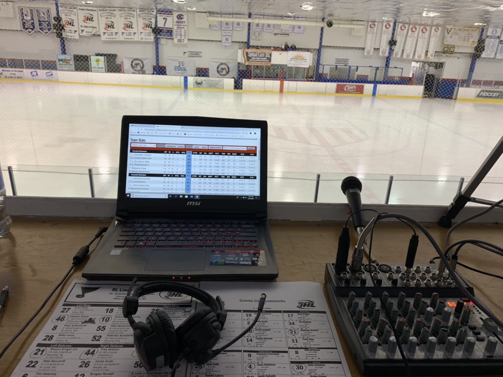 Kenyonm80's tweet image. The view from the booth for today’s @JrBluesHockey broadcast vs. Granite City! #JrNotes #NA3HL