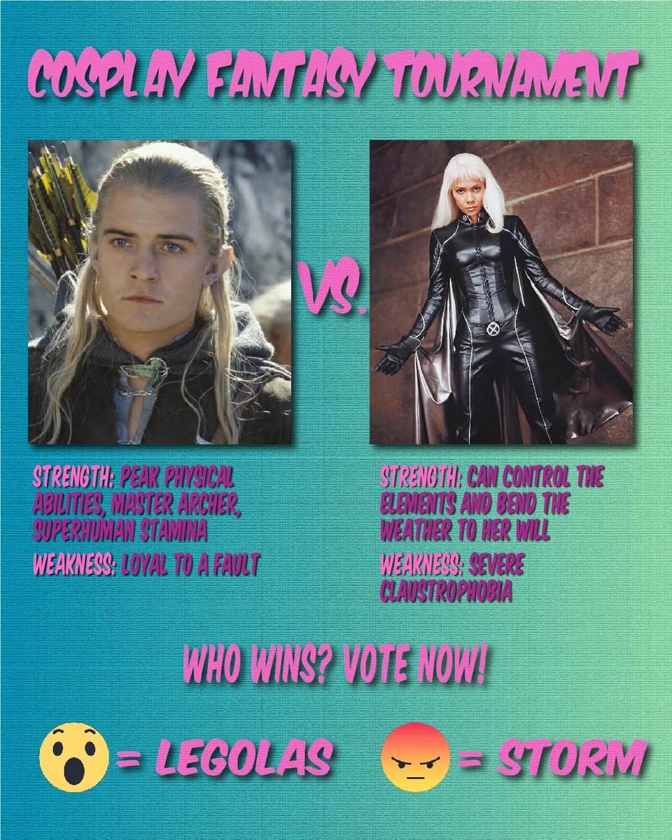 GamesStumpt's tweet photo. Battle 2: Legolas vs. Storm
Voting ends in 48 hours! Visit our Facebook page to vote for your favorite characters in our #Cosplay Fantasy Tournament.
 #cosplayersoftwitter #cosplayers #cosplaying #comiccon #cosplays #cosplayoftwitter #cosplaylife https://t.co/1dV6jQNxz8