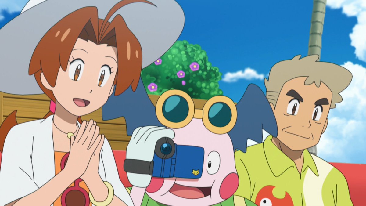 Mrs. Ketchum, Mr. Mime, and Professor Oak look down in excitement. 