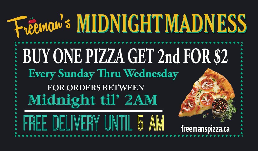 It's MidNight MadNess tonight 📣📣 Buy 1 Pizza & Get a 2nd #Pizza 🍕for just $2 when you order after Midnight tonight! Sun-Wed Midnight til' 2am! (902)455-7000 #latenight #pizza #Halifax #Sackville
