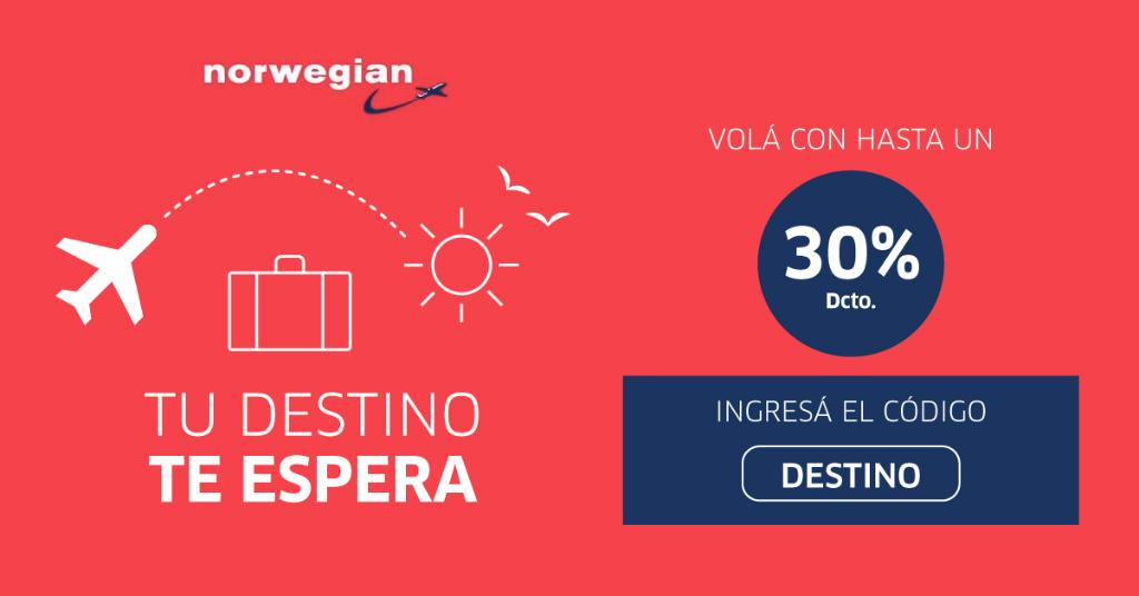 Tomate unas vacaciones o hacé una escapada volando con hasta 30% de dcto. ☀✈ Entrá en norwegian.com/ar y volá por Argentina. Encontrá más opciones ingresando en la web de JetSMART ✈