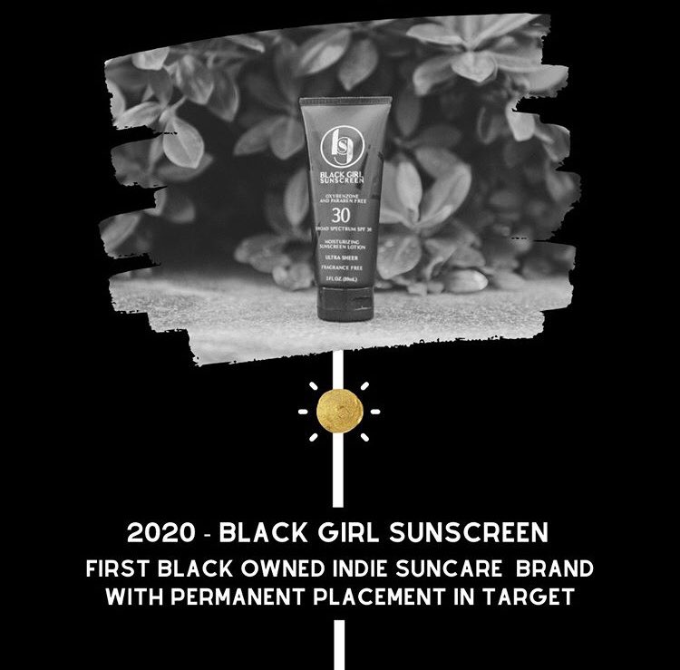 BlkGrlSunscreen's tweet photo. In 2020, Black Girl Sunscreen became the FIRST Black owned indie suncare brand with permanent placement in @Target stores. 🎉 

We are thankful for every purchase, recommendation, and note of encouragement. 💛 #BGSxBHM #BlackHistoryMonth #BlackBeautyHistory https://t.co/QSyiyibdLz