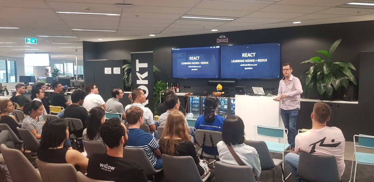 Check out our lead consultant <a href="/staff0rd/">Stafford Williams</a> in action, sharing his learnings about react hooks and redux at this months <a href="/ngSydney/">Sydney Ng</a> user group! Our grads, Blake and Yi Juin were also there to learn from the best! :) Go Stafford! 💪👏 #insideTelstraPurple
